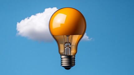 Wall Mural - Bright Idea in the Clouds: A vibrant orange lightbulb floats against a clear blue sky, partially obscured by a fluffy white cloud, symbolizing innovative thinking and creative solutions. 