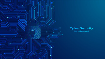 Leinwandbilder - Concept of cybersecurity and information protection. The Padlock on circuit motherboard and, futuristic blue background. Secure technology and computer network protection. Vector illustration.