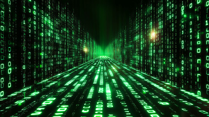 immersive green digital code tunnel representing data flow, cybersecurity, and virtual reality concepts for technology and futuristic design applications