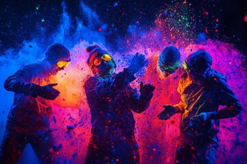 Wall Mural - Colorful celebration of joy as people throw powder during a vibrant street festival in the city