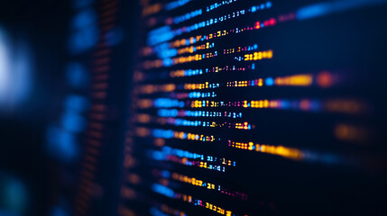 blurred colorful programming code on a dark screen, ideal for software development, data analytics, or cybersecurity-related visuals