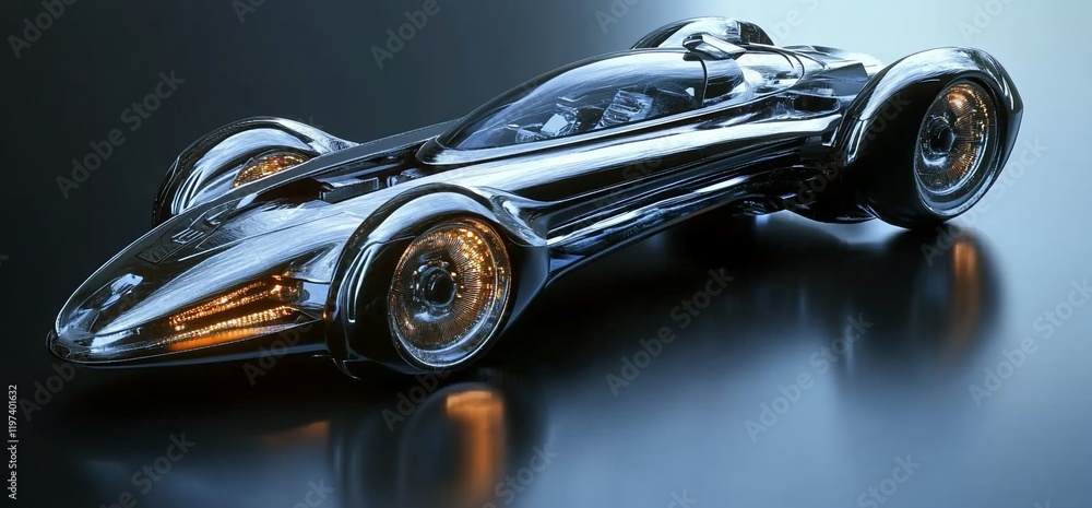 Futuristic chrome car with open cockpit design and sleek lines on a ...
