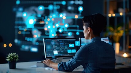 A person working on a computer in a dark room, analyzing data with digital interface elements displayed around them.