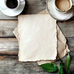 Aufkleber - Blank stationery layout with coffee and tea on rustic wooden background for design mockups or creative projects. Generative AI