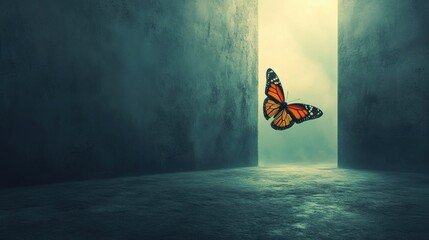 Poster - Butterfly emerging from a narrow corridor with light shining through at dawn. Generative AI