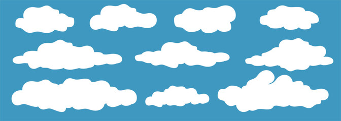 Wall Mural - set of cartoon clouds. white cloud set isolated in flat design on blue sky background. vector illust