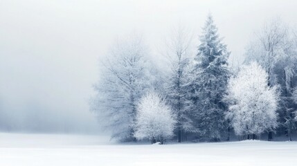 Leinwandbilder - Tranquil winter forest with frosted trees in a peaceful snowy landscape suitable for text placement. Generative AI