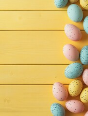 Wall Mural - Easter banner with pastel colored egg double border over a yellow wood background. Top view with copy space.