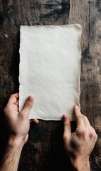 Leinwandbilder - Hands holding blank textured paper on rustic wooden table ready for writing or drawing. Generative AI