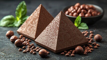 Two pyramid-shaped dark chocolate pieces with cocoa nibs and mint leaves.