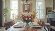 © Attasit - A dining room with a vintage chandelier, rustic wooden furniture, and bright floral arrangements for charm.