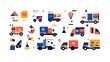 © qois - Colorful flat vector graphic of various delivery trucks and packages in a modern design