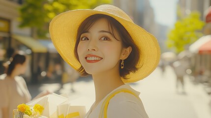 A cheerful Asian woman with shopping bags over her shoulder, enjoying a sunny day in the city and wearing casual yet chic attire.