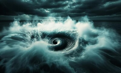 Wall Mural - A swirling vortex of dark clouds and shimmering light, evoking a sense of mystery and depth, reminiscent of cosmic phenomena or turbulent waters.
