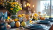 © Gold - A festive dining table set with Easter-themed decorations and eggs, eggs, photo style