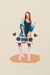 © deagreez - Vertical photo collage of happy hipster girl wear swimsuit roller-skates hold retro boombox valentine party isolated on painted background