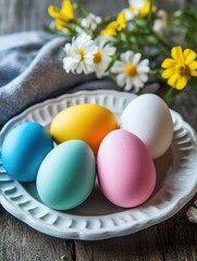 Wall Mural - easter, holidays and traditions concept - close up of colored eggs on plate over grey wooden boards background