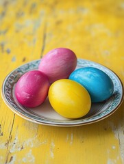 Wall Mural - easter, holidays, tradition, advertisement and object concept - close up of colored easter eggs on plate over yellow wooden boards background