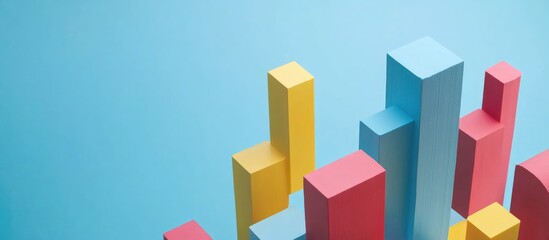 Colorful geometric shapes representing brand identity development and marketing strategies on a light blue background with space for text and reports.
