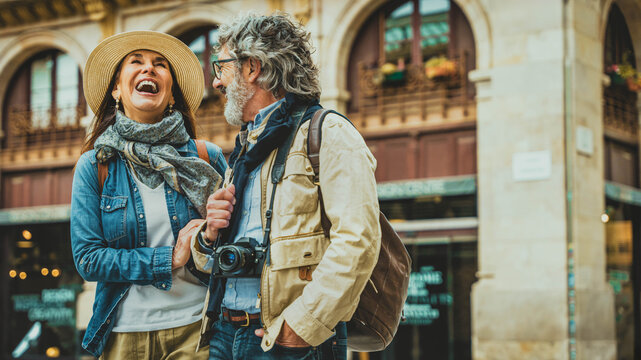 Happy senior couple having fun together walking in city street - Two older tourists enjoying weekend vacation