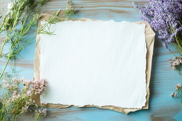 Poster - Empty mock up space for handwritten notes surrounded by fresh flowers on a blue wooden surface. Generative AI