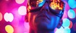 © NFTNexus - Young man wearing oversized futuristic sunglasses with colorful bokeh lights in the background and a slight upward gaze Copy Space