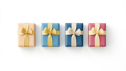 Wall Mural - Top view of colorful gift boxes with golden and satin ribbons isolated on a white background