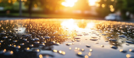 Poster - close-up of rain droplets on a surface reflecting sunset light with soft bokeh background and ample 