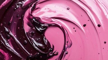 Wall Mural - Swirling abstract liquid paint texture in shades of pink and purple with glossy finish and bubbles on surface Copy Space