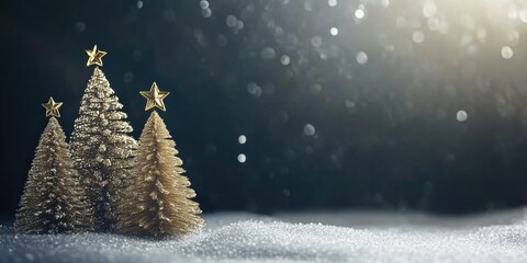 Wall Mural - christmas tree decorations with golden stars on snowy background copy space