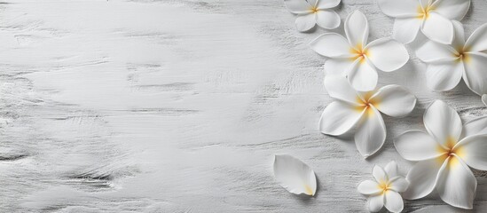 Wall Mural - white frangipani flowers on light wooden surface with copy space for text or design elements