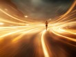 © kittipoj - Triumph of Ambition - Determined Runner Crossing Glowing Finish Line Amid Light Trails of Victory
