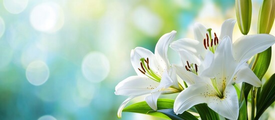Wall Mural - white lilies with green foliage on a blurred bokeh background featuring soft light effects and vibra