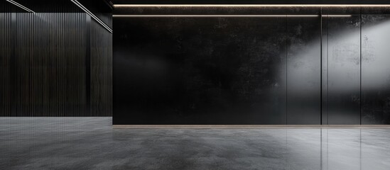 Wall Mural - Sleek Black Glossy Industrial Concrete Wall and Floor in Minimalist Interior with Expansive Copyspace for Text and Modern Lighting Accents