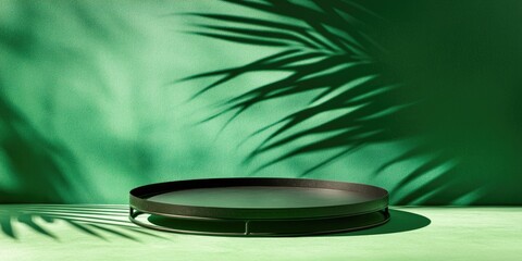 Wall Mural - black circular tray on green surface with palm leaf shadows casting artistic patterns in the backgro