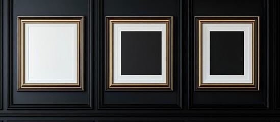 Wall Mural - Elegant black interior wall featuring three mock-up poster frames with gold moldings, offering ample copyspace for text and art display.