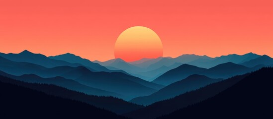 Wall Mural - mountain landscape at sunset featuring a vibrant red sky and a large sun setting behind dark blue mo