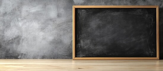 Wall Mural - Elegant black chalkboard greeting card mockup displayed on a wooden table with a textured gray background, featuring ample empty space for personalized text.