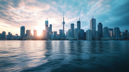 Aufkleber - Urban skyline at sunset with reflection on water and space for text overlay. Generative AI