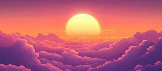 Wall Mural - vibrant purple and orange sunset above fluffy clouds with clear sky and empty space for text, panora