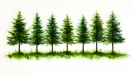 Watercolor evergreens, forest row, nature, print