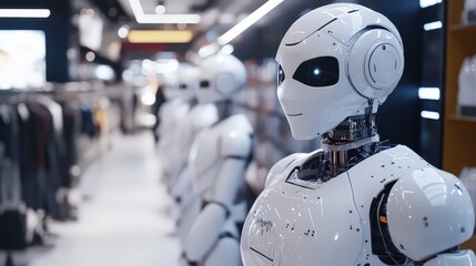 Wall Mural - a robotics team testing ai robots for customer service in a futuristic retail environment.