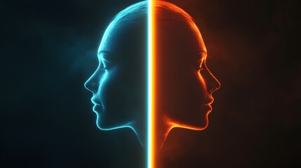 Poster - Duality of Human Emotion in Vibrant Blue and Orange Light with Silhouettes of Two Faces Representing Conflict and Harmony in a Dynamic Composition