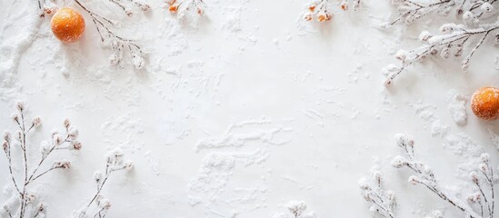 Wall Mural - Vibrant Orange and Tangerine Branches Decoratively Arranged on a Soft White Surface with Empty Space for Text and Subtle Natural Elements