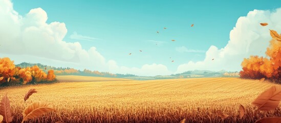 Wall Mural - Vibrant autumn cornfield landscape under a clear blue sky with golden fields and colorful foliage, ideal for adding text and messages.