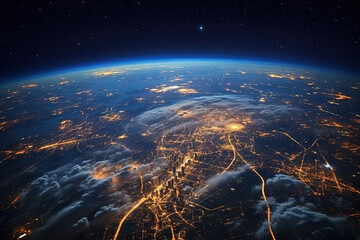 futuristic city aerial view at night. structure of sci-fi metropolis with neon lights from the bird 