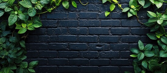 Lush green vines framing a textured black brick wall with ample negative space for text in a clean urban setting.