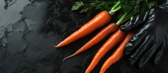 Wall Mural - Fresh Organic Carrots with Black Gloves on Dark Textured Surface Ready for Cooking with Copyspace for Text in Culinary Context