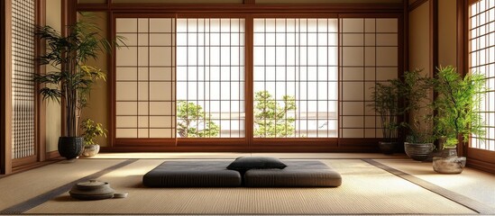 Wall Mural - Modern Japanese Minimalist Living Room Interior Featuring Black Futon with Natural Light and Green Plants in Earthy Tones and Copyspace Area