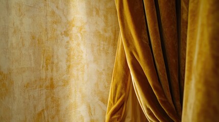 Wall Mural - golden curtains against a textured wall with warm tones and copy space for text placement.